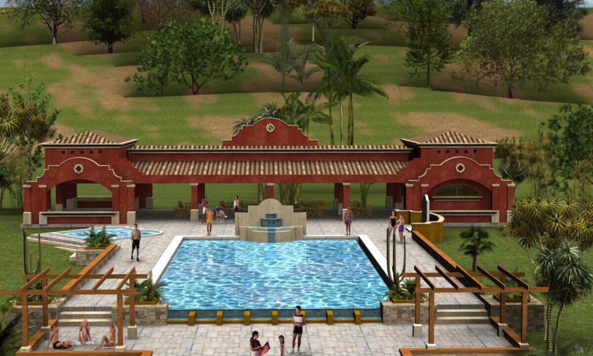 Architectural render of the Lomas del Rey clubhouse with resort-style swimming pool
