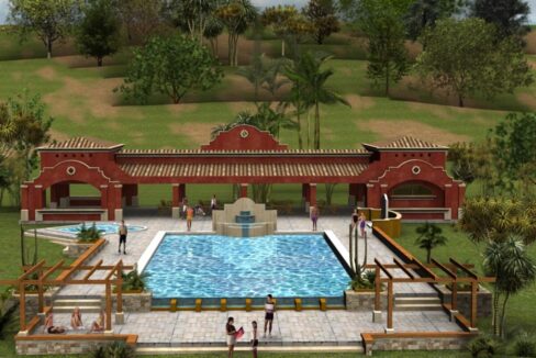 Architectural render of the Lomas del Rey clubhouse with resort-style swimming pool