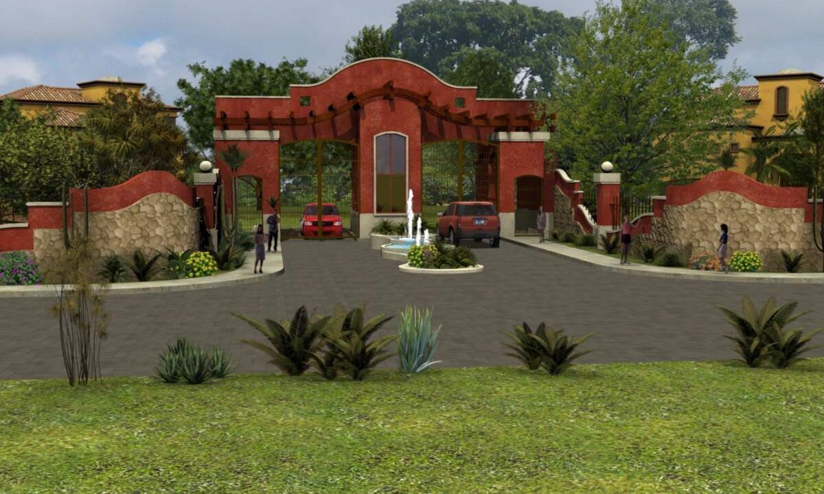 Architectural render of the gated grand entrance at Lomas del Rey, Quepos