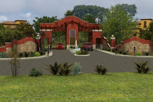 Architectural render of the gated grand entrance at Lomas del Rey, Quepos