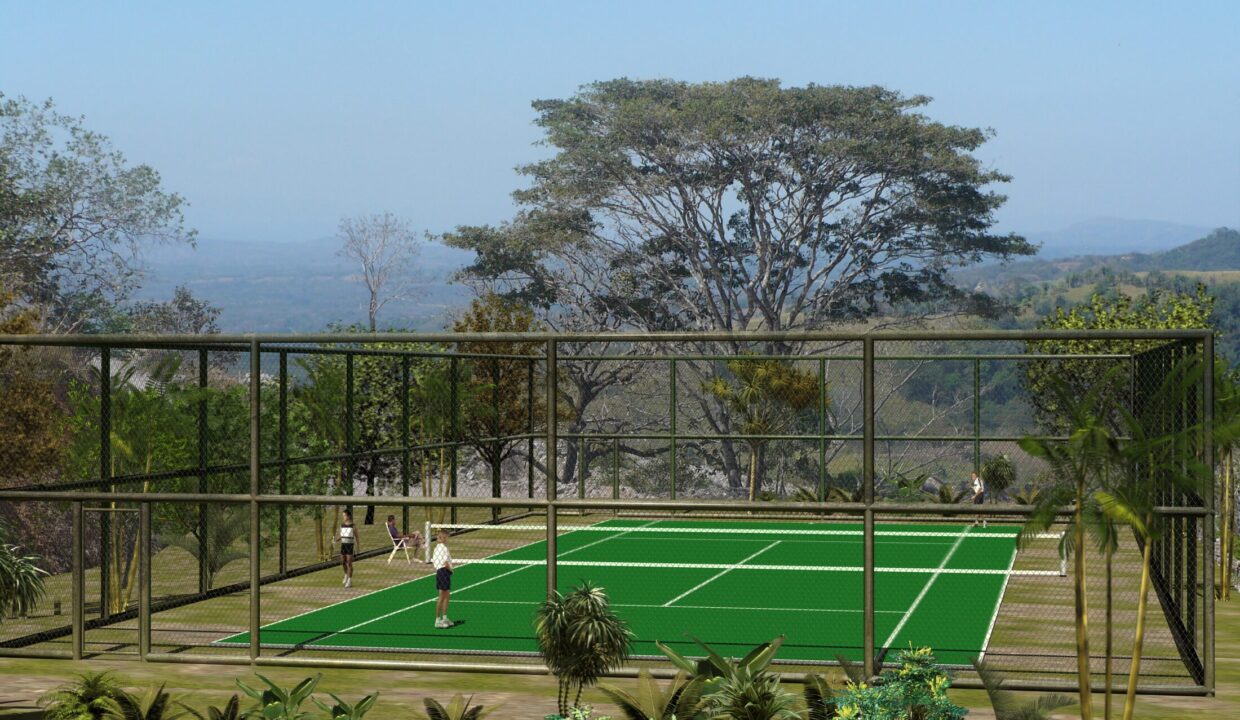 Render of the tennis courts with valley views at Lomas del Rey, Quepos