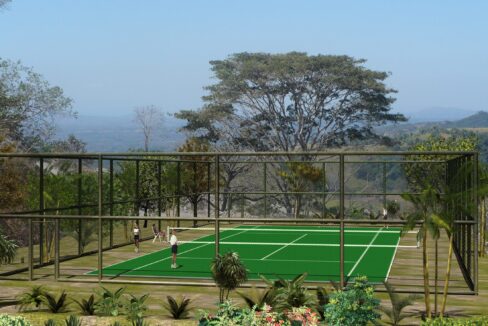 Render of the tennis courts with valley views at Lomas del Rey, Quepos