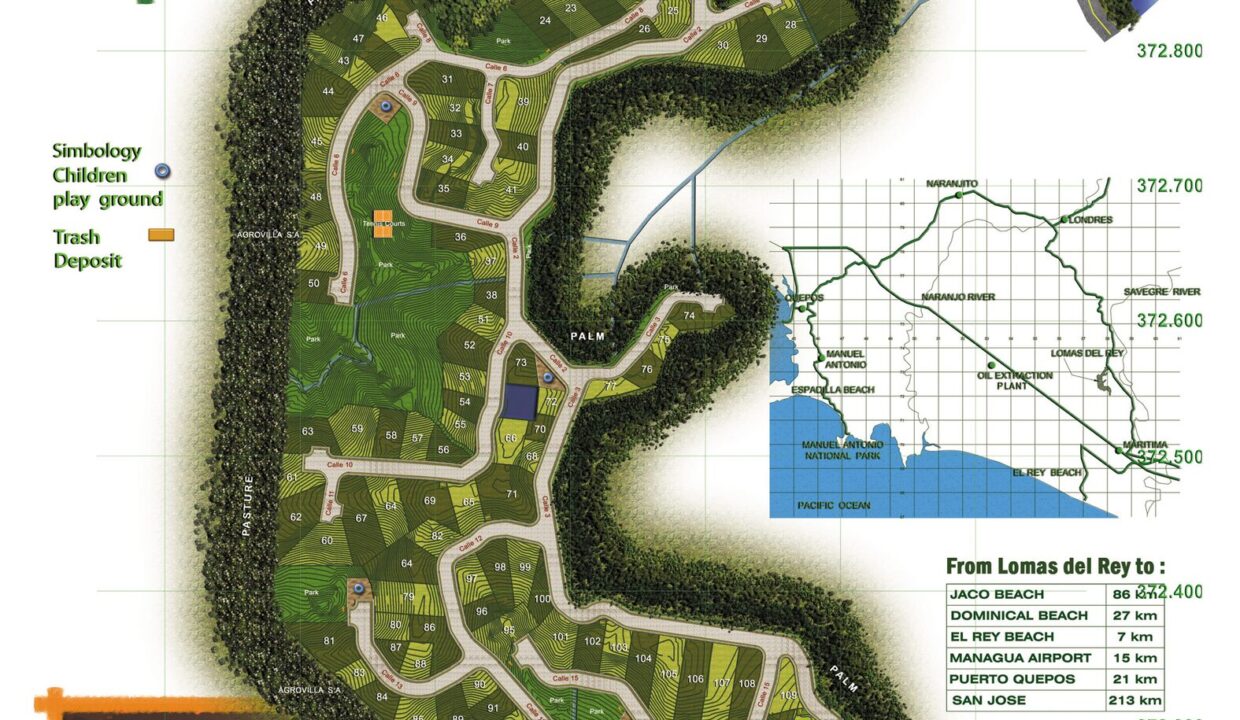 Master site plan of the Lomas del Rey gated community — 144 residential lots, Quepos